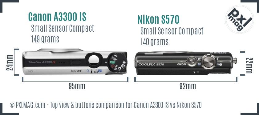 Canon A3300 IS vs Nikon S570 top view buttons comparison