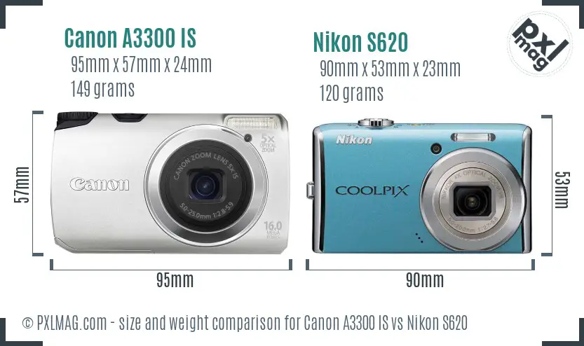 Canon A3300 IS vs Nikon S620 size comparison