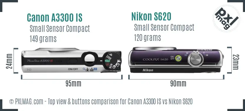 Canon A3300 IS vs Nikon S620 top view buttons comparison
