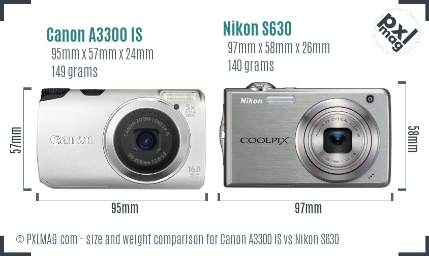 Canon A3300 IS vs Nikon S630 size comparison
