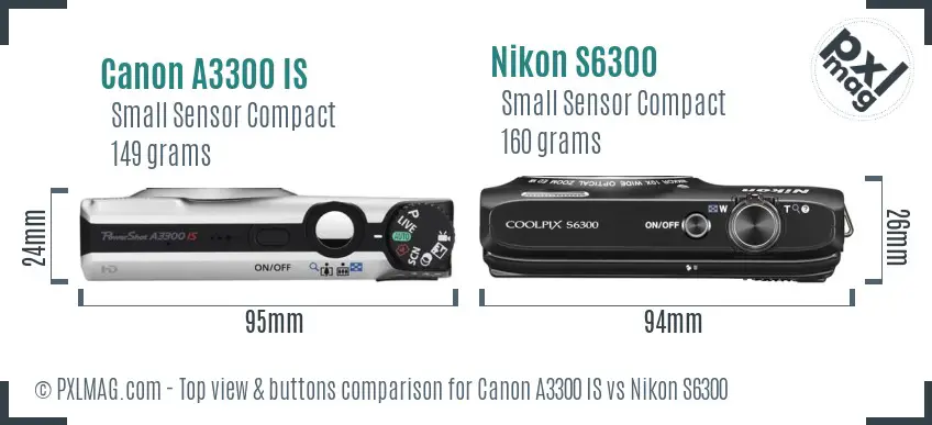 Canon A3300 IS vs Nikon S6300 top view buttons comparison