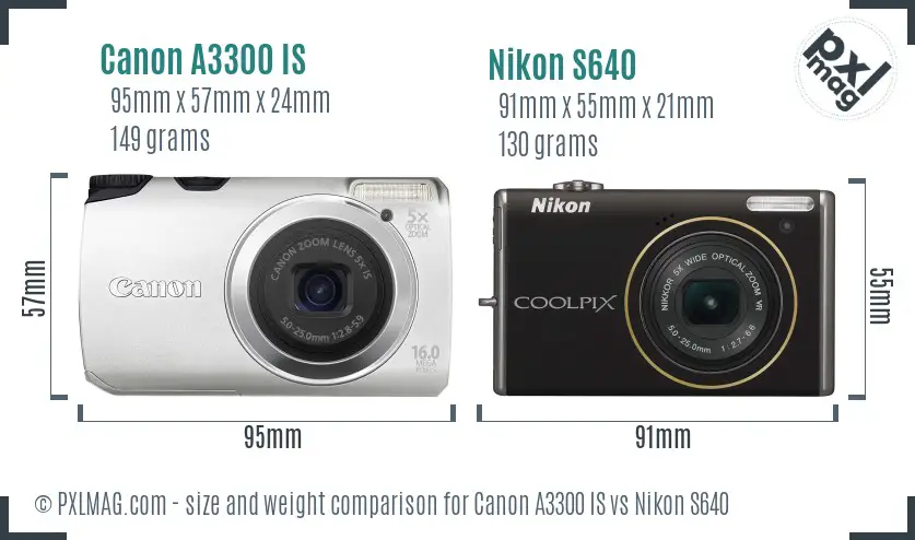 Canon A3300 IS vs Nikon S640 size comparison