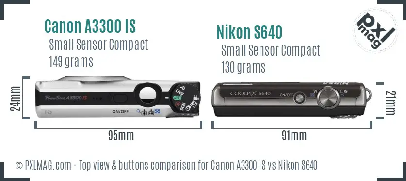 Canon A3300 IS vs Nikon S640 top view buttons comparison