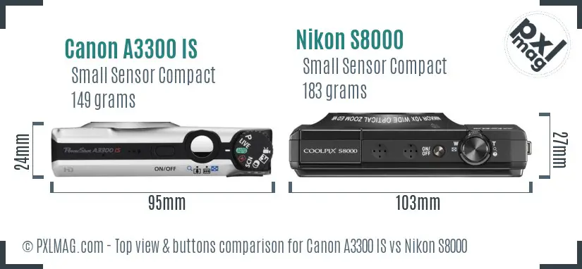 Canon A3300 IS vs Nikon S8000 top view buttons comparison
