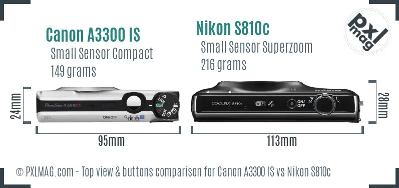 Canon A3300 IS vs Nikon S810c top view buttons comparison Canon A3300 IS vs Nikon S810c top view buttons comparison