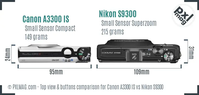 Canon A3300 IS vs Nikon S9300 top view buttons comparison Canon A3300 IS vs Nikon S9300 top view buttons comparison