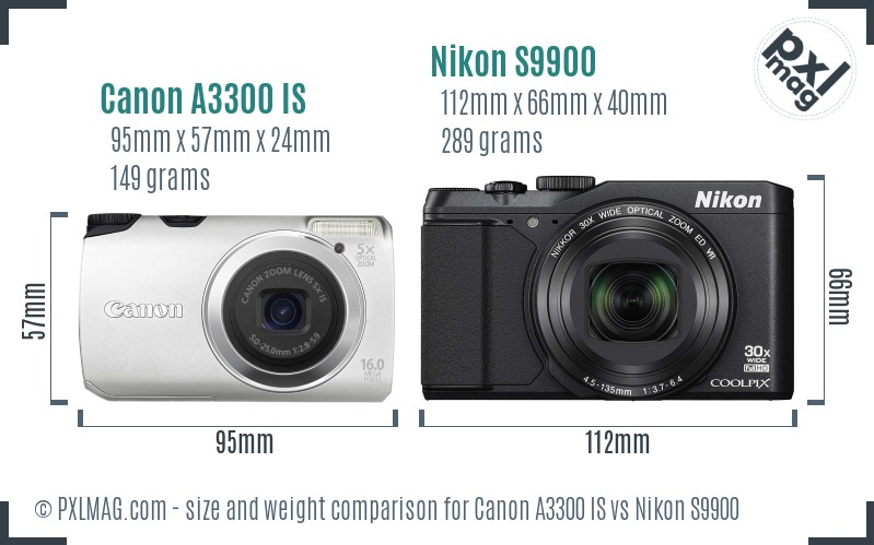 Canon A3300 IS vs Nikon S9900 size comparison Canon A3300 IS vs Nikon S9900 size comparison