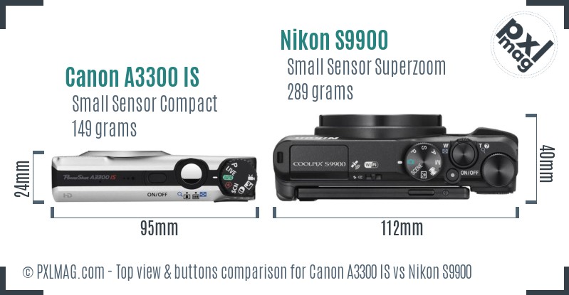 Canon A3300 IS vs Nikon S9900 top view buttons comparison