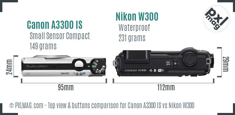 Canon A3300 IS vs Nikon W300 top view buttons comparison