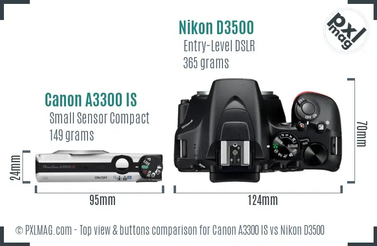 Canon A3300 IS vs Nikon D3500 top view buttons comparison