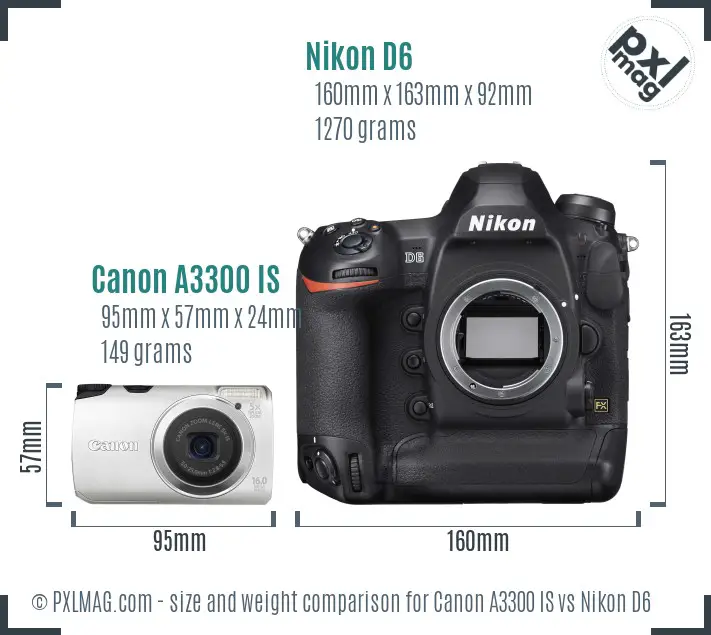 Canon A3300 IS vs Nikon D6 size comparison