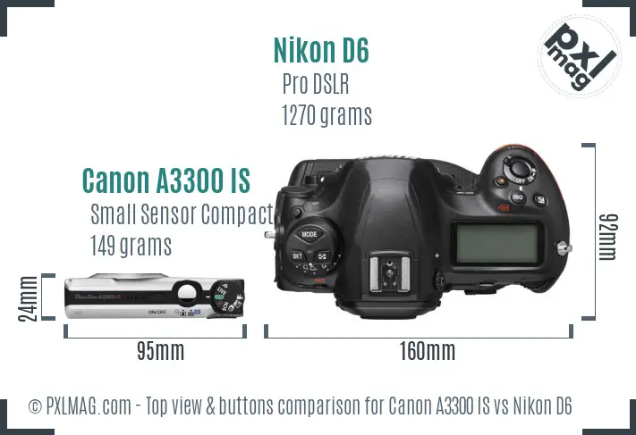 Canon A3300 IS vs Nikon D6 top view buttons comparison