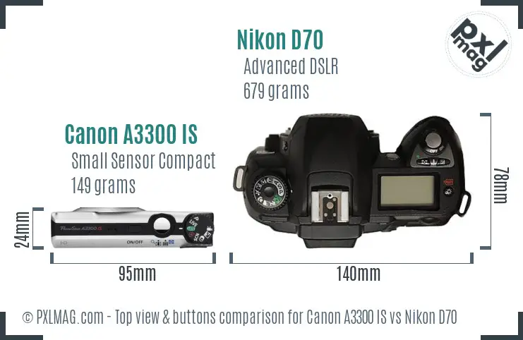 Canon A3300 IS vs Nikon D70 top view buttons comparison