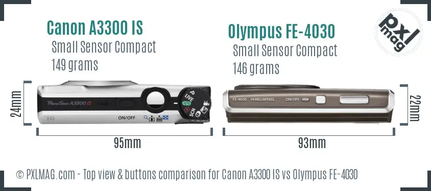 Canon A3300 IS vs Olympus FE-4030 top view buttons comparison Canon A3300 IS vs Olympus FE-4030 top view buttons comparison