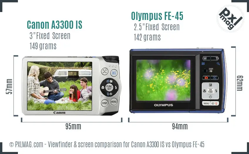 Canon A3300 IS vs Olympus FE-45 Screen and Viewfinder comparison