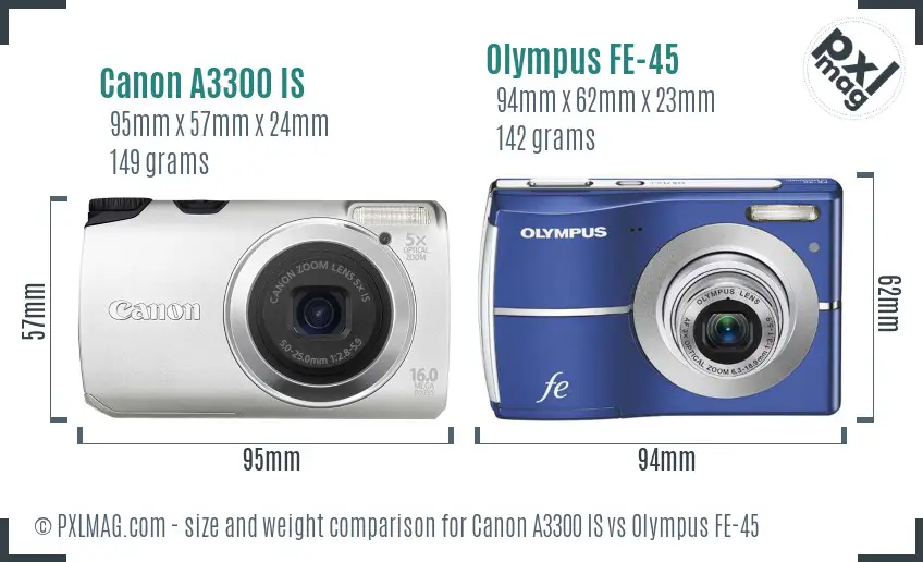 Canon A3300 IS vs Olympus FE-45 size comparison