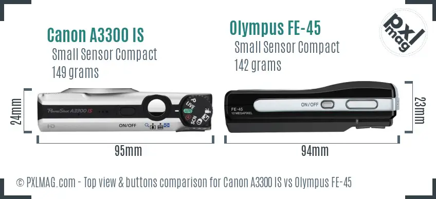 Canon A3300 IS vs Olympus FE-45 top view buttons comparison