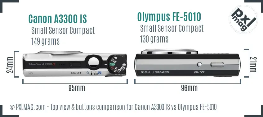 Canon A3300 IS vs Olympus FE-5010 top view buttons comparison