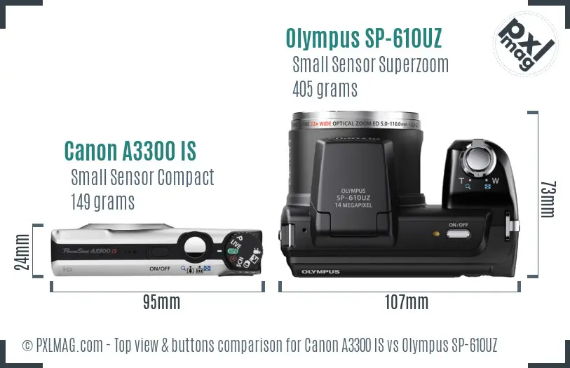 Canon A3300 IS vs Olympus SP-610UZ top view buttons comparison