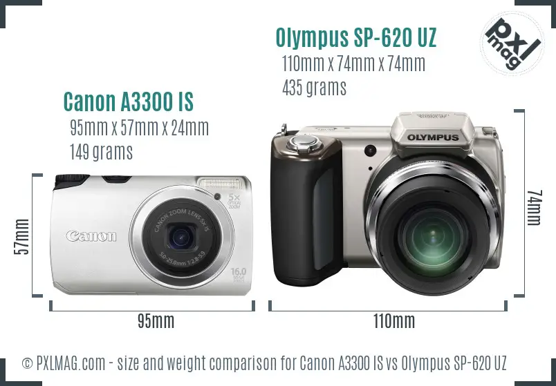 Canon A3300 IS vs Olympus SP-620 UZ size comparison