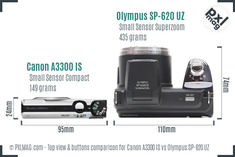 Canon A3300 IS vs Olympus SP-620 UZ top view buttons comparison