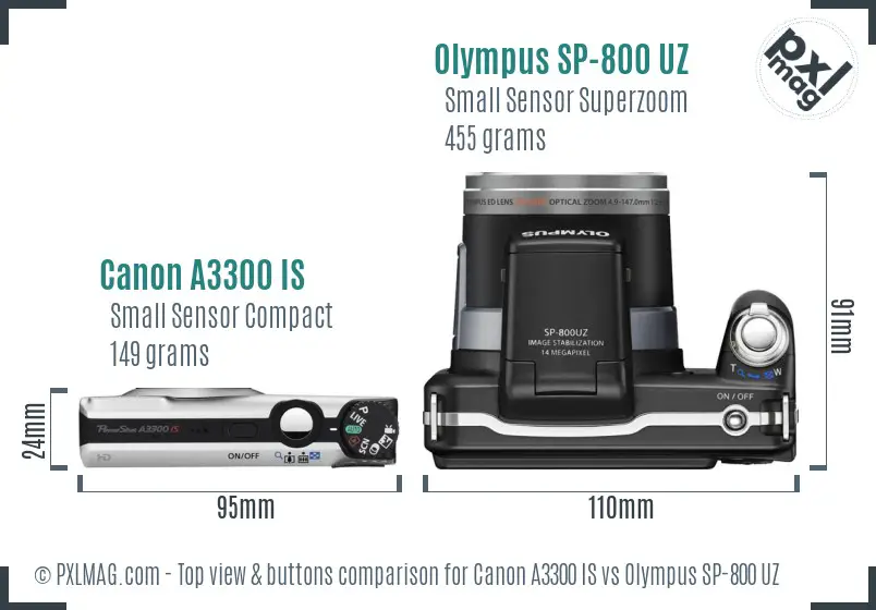 Canon A3300 IS vs Olympus SP-800 UZ top view buttons comparison Canon A3300 IS vs Olympus SP-800 UZ top view buttons comparison