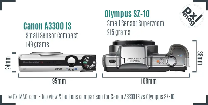 Canon A3300 IS vs Olympus SZ-10 top view buttons comparison Canon A3300 IS vs Olympus SZ-10 top view buttons comparison