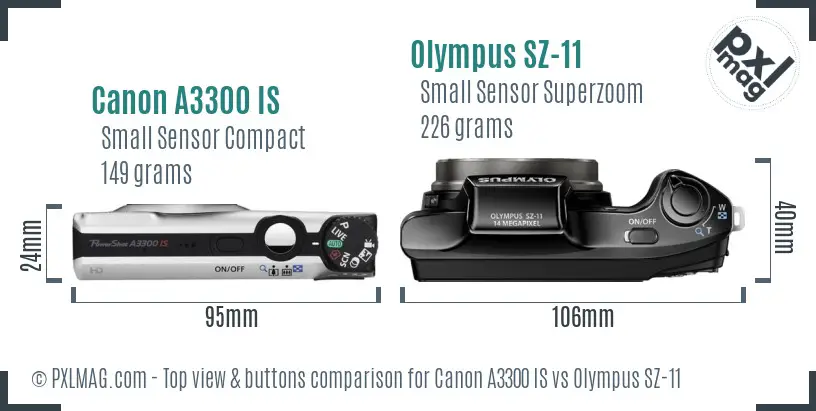 Canon A3300 IS vs Olympus SZ-11 top view buttons comparison
