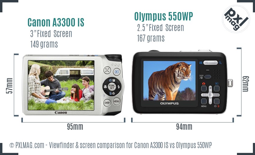 Canon A3300 IS vs Olympus 550WP Screen and Viewfinder comparison
