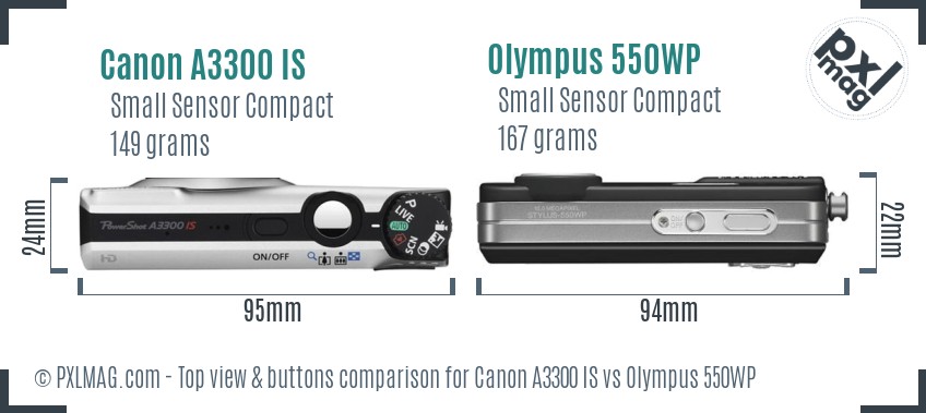 Canon A3300 IS vs Olympus 550WP top view buttons comparison