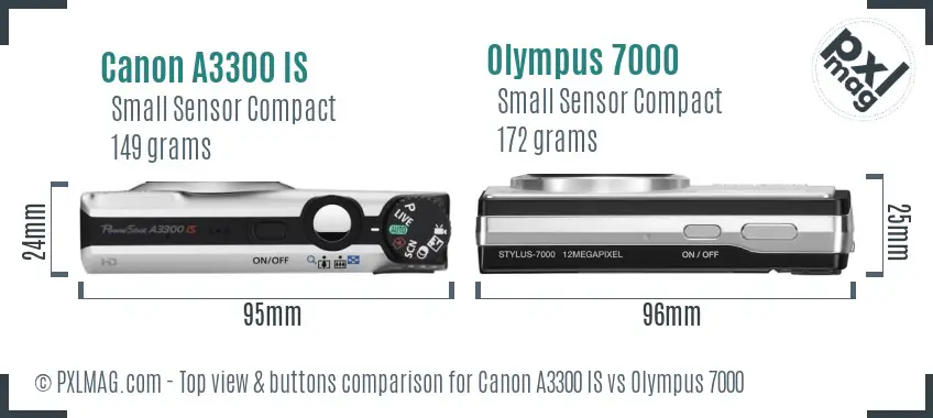 Canon A3300 IS vs Olympus 7000 top view buttons comparison Canon A3300 IS vs Olympus 7000 top view buttons comparison