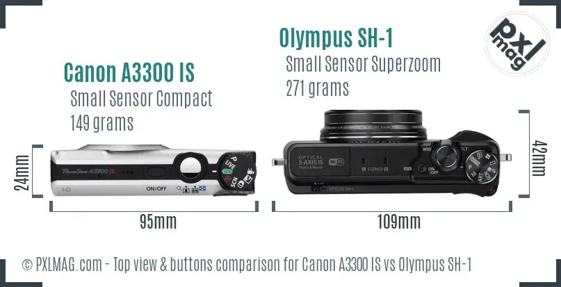 Canon A3300 IS vs Olympus SH-1 top view buttons comparison Canon A3300 IS vs Olympus SH-1 top view buttons comparison