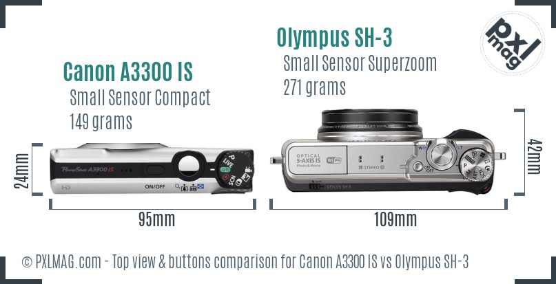 Canon A3300 IS vs Olympus SH-3 top view buttons comparison