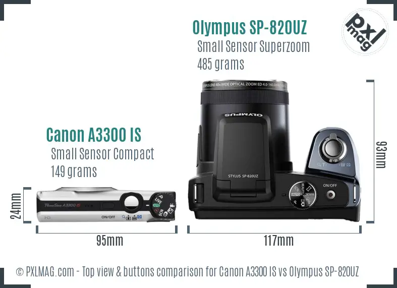 Canon A3300 IS vs Olympus SP-820UZ top view buttons comparison Canon A3300 IS vs Olympus SP-820UZ top view buttons comparison