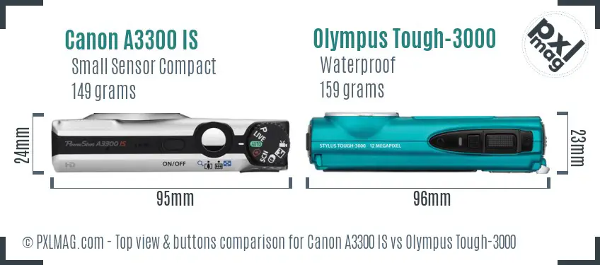 Canon A3300 IS vs Olympus Tough-3000 top view buttons comparison