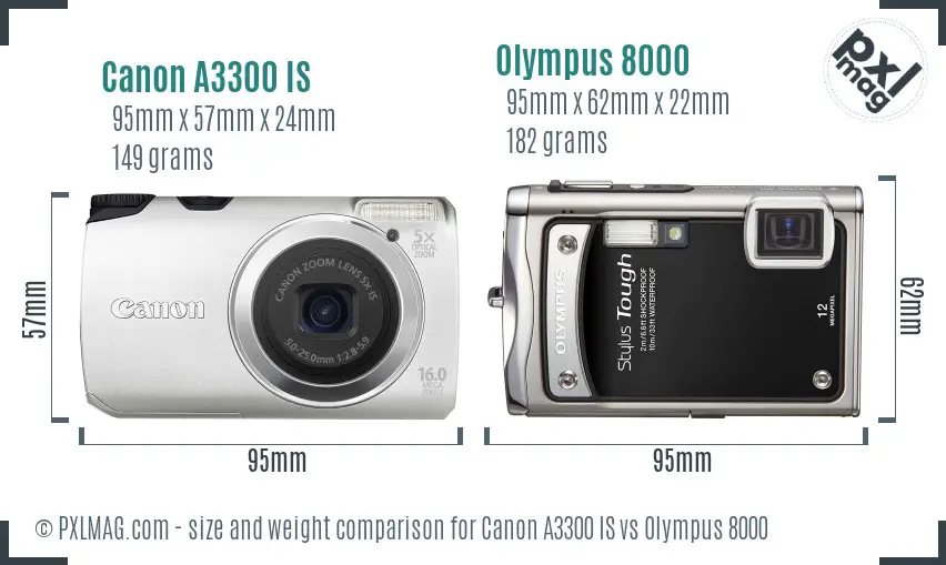 Canon A3300 IS vs Olympus 8000 size comparison