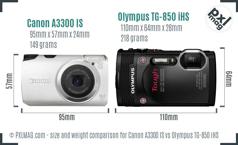 Canon A3300 IS vs Olympus TG-850 iHS size comparison