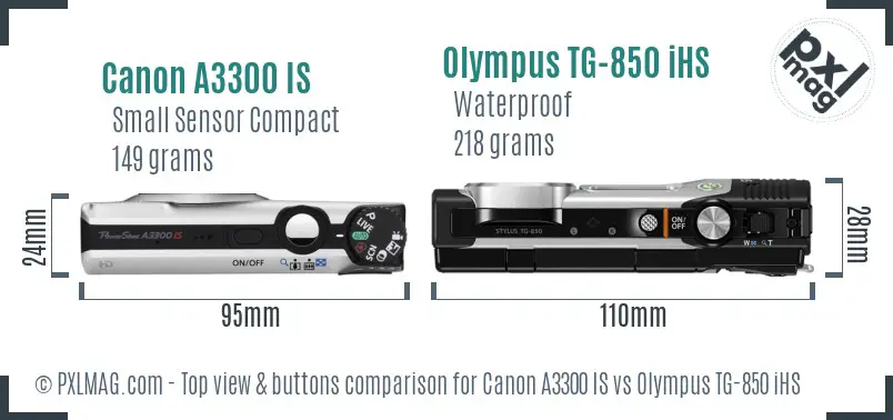 Canon A3300 IS vs Olympus TG-850 iHS top view buttons comparison