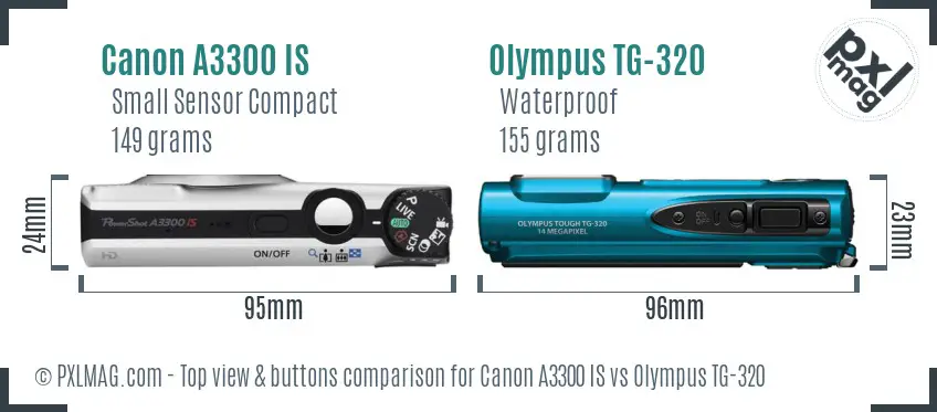 Canon A3300 IS vs Olympus TG-320 top view buttons comparison Canon A3300 IS vs Olympus TG-320 top view buttons comparison