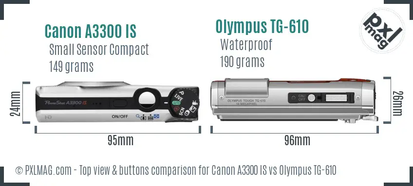 Canon A3300 IS vs Olympus TG-610 top view buttons comparison