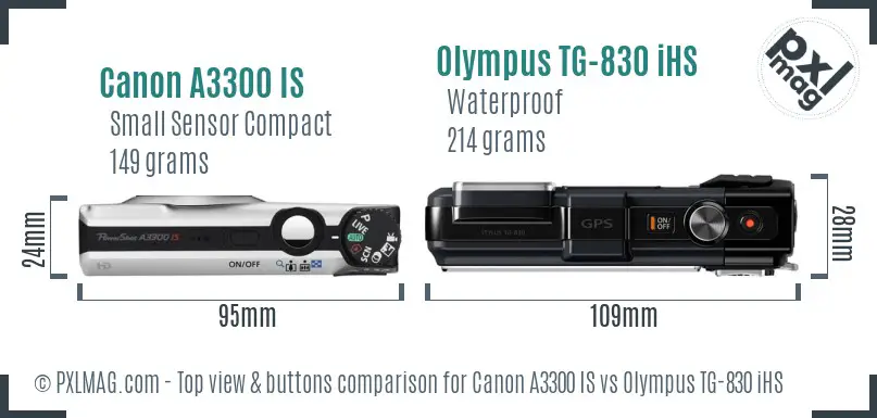 Canon A3300 IS vs Olympus TG-830 iHS top view buttons comparison Canon A3300 IS vs Olympus TG-830 iHS top view buttons comparison