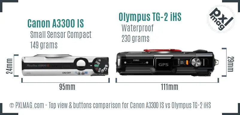 Canon A3300 IS vs Olympus TG-2 iHS top view buttons comparison