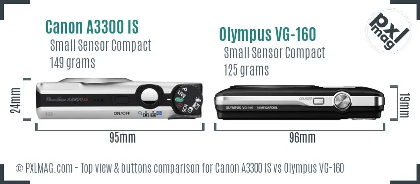 Canon A3300 IS vs Olympus VG-160 top view buttons comparison Canon A3300 IS vs Olympus VG-160 top view buttons comparison
