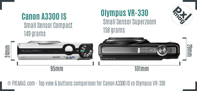 Canon A3300 IS vs Olympus VR-330 top view buttons comparison