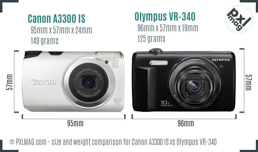 Canon A3300 IS vs Olympus VR-340 size comparison