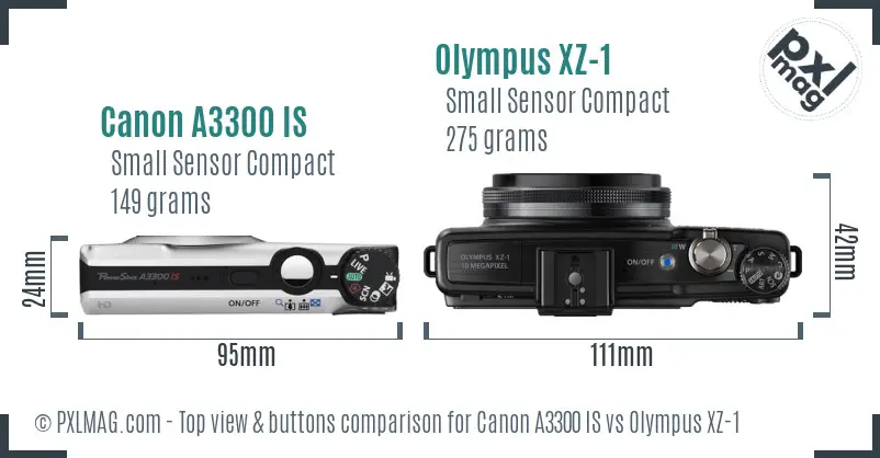 Canon A3300 IS vs Olympus XZ-1 top view buttons comparison