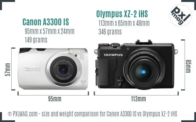 Canon A3300 IS vs Olympus XZ-2 iHS size comparison