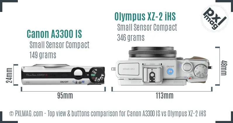 Canon A3300 IS vs Olympus XZ-2 iHS top view buttons comparison