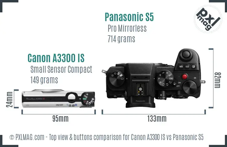 Canon A3300 IS vs Panasonic S5 top view buttons comparison