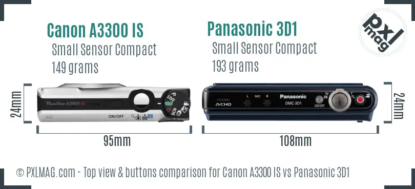 Canon A3300 IS vs Panasonic 3D1 top view buttons comparison Canon A3300 IS vs Panasonic 3D1 top view buttons comparison